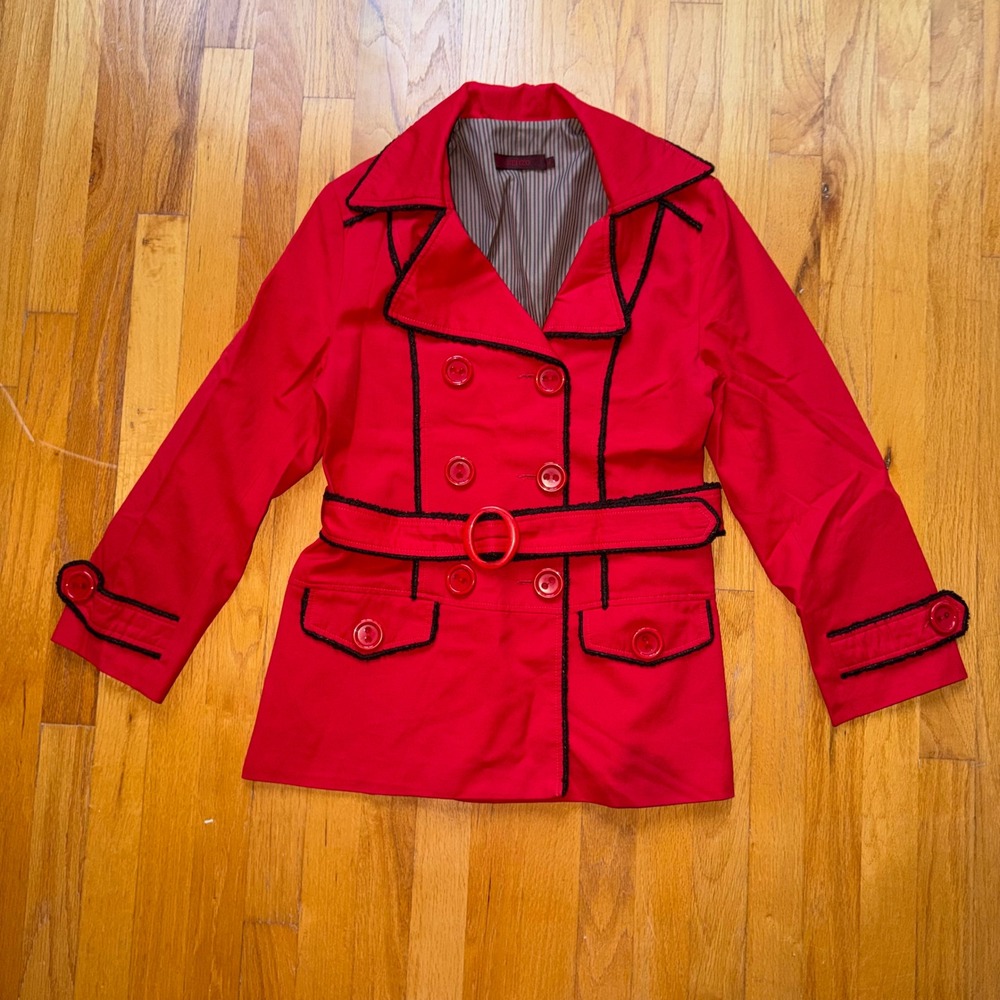 Kenzo Red Double Breasted Belted Trench Coat Trim Art Designer XL Y2K Jacket